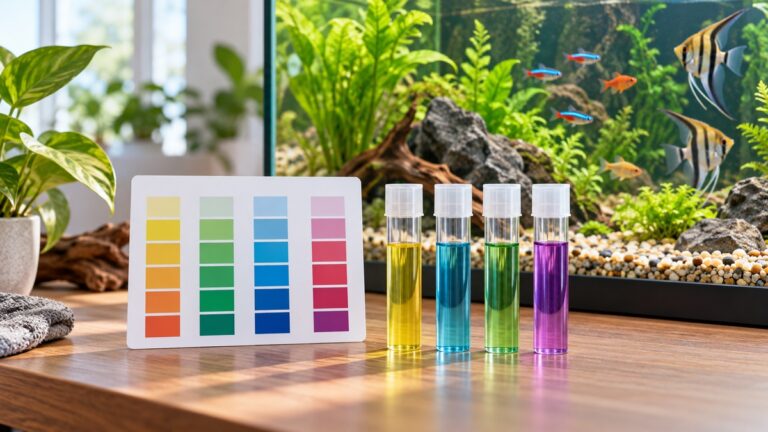 Freshwater test tubes and a blank color reference card sit beside a planted aquarium.