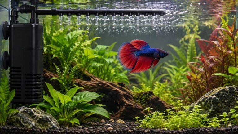 A black internal aquarium filter with a rain bar outlet, submerged in a clear 5-gallon betta tank beside a resting blue betta.