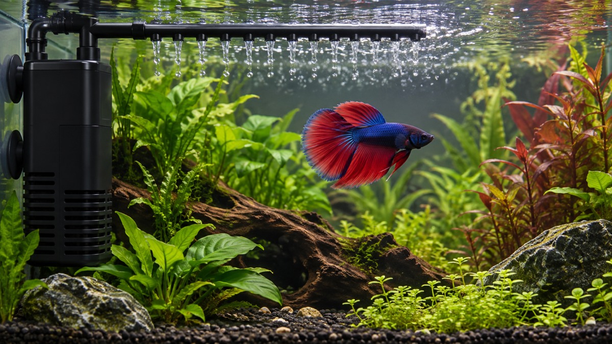 A black internal aquarium filter with a rain bar outlet, submerged in a clear 5-gallon betta tank beside a resting blue betta.