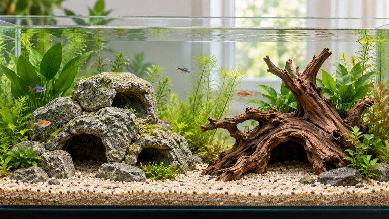 Natural stone cave and driftwood aquarium decor arrangements.