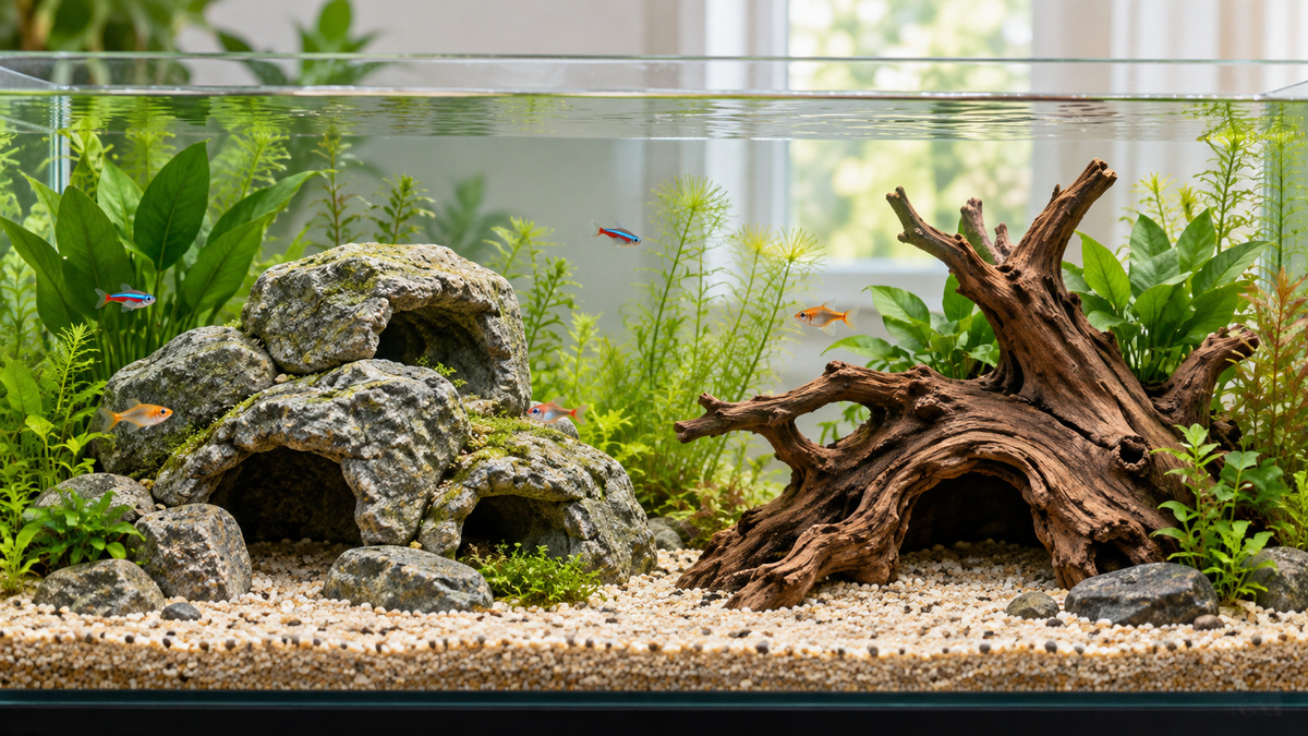 Natural stone cave and driftwood aquarium decor arrangements.