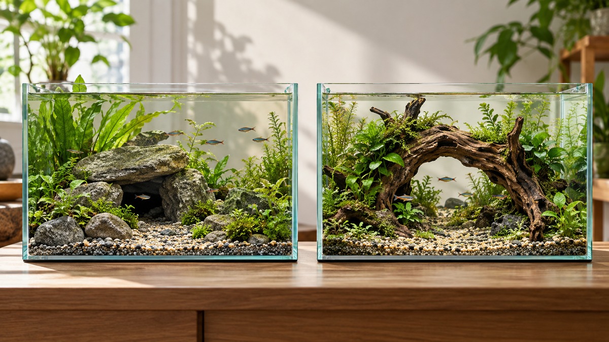 Editorial comparison scene for aquarium d cor land guard versus majoywoo.