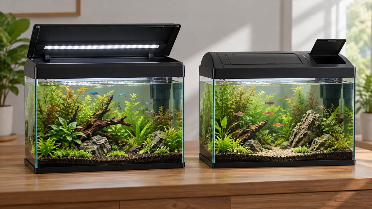 Two generic aquarium hood designs compared above small planted tanks.