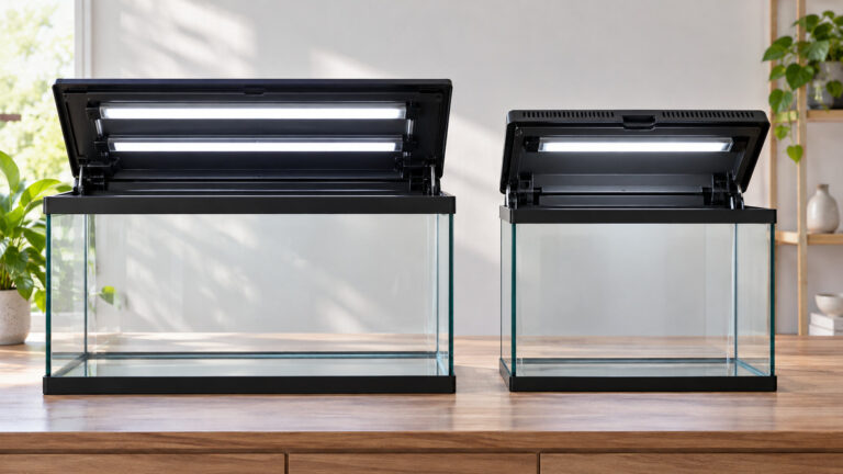 A clean editorial comparison scene showing generic aquarium hoods weramics and aqueon options side by side.