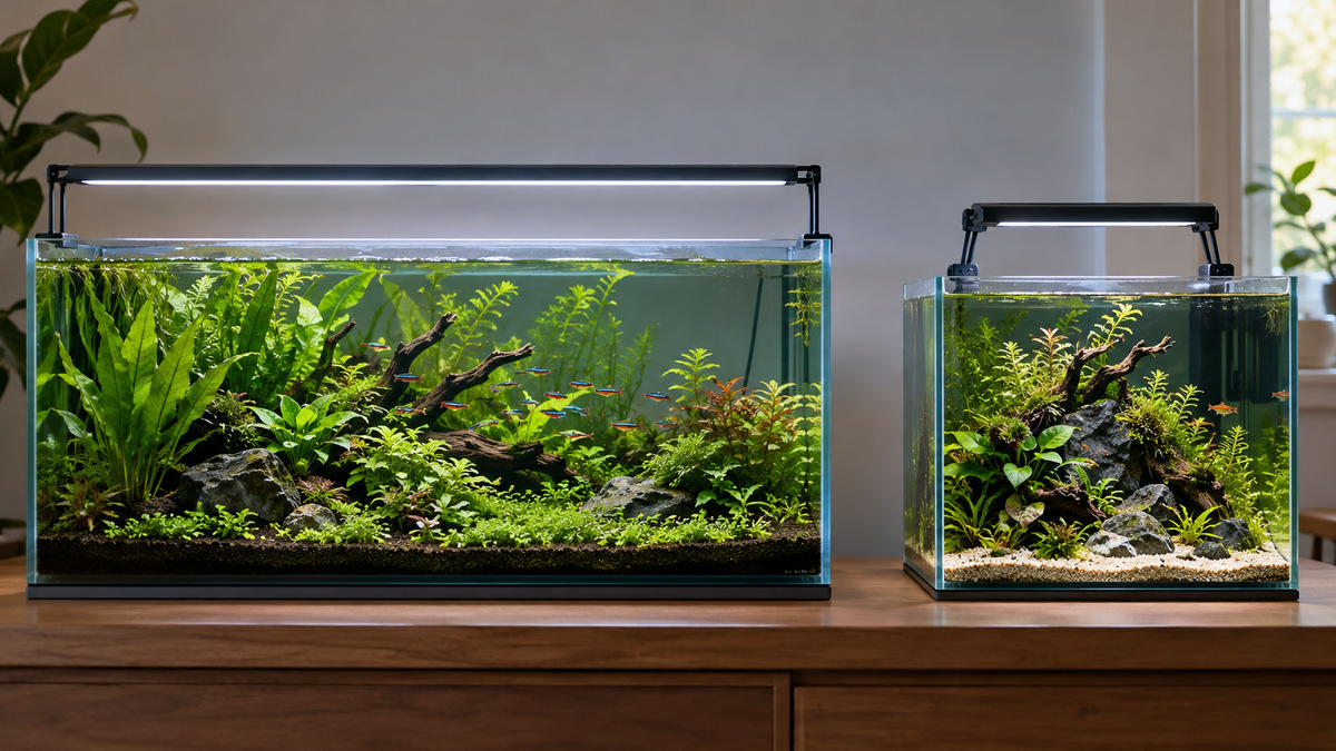Two generic aquarium LED light bars mounted over planted freshwater tanks.