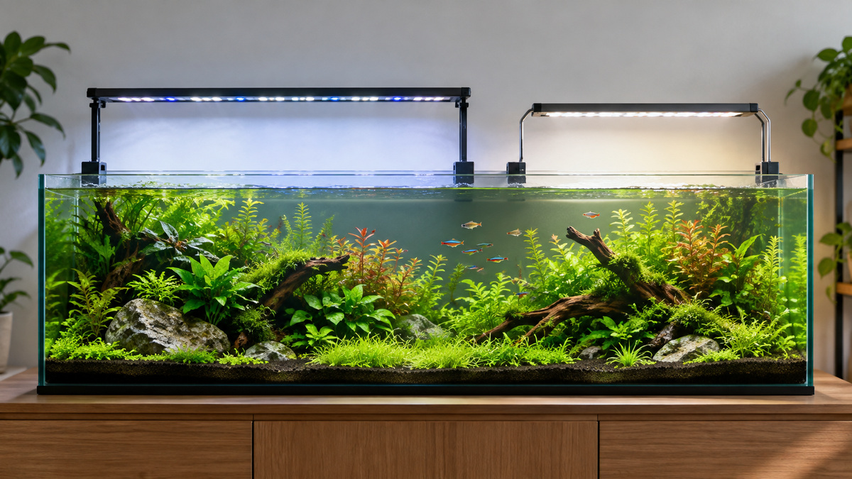 Two generic aquarium light bars above a planted freshwater aquarium.