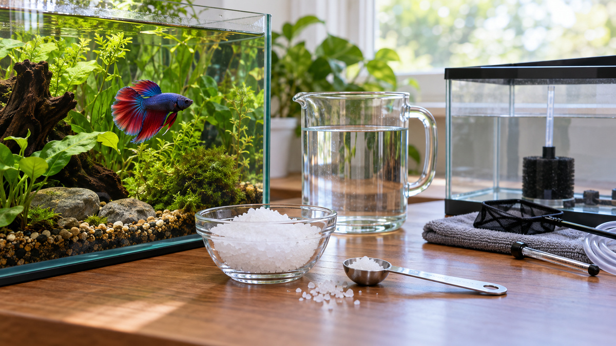 A planted betta aquarium beside a plain dish of aquarium salt and quarantine supplies.