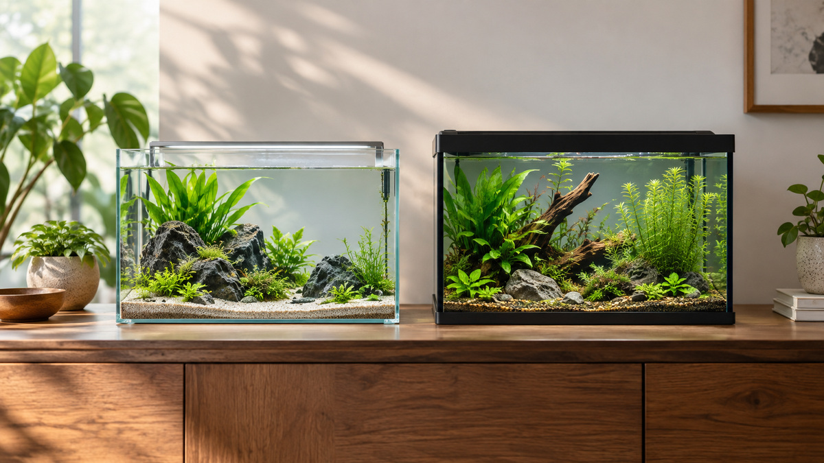 Two small desktop aquariums with different frame configurations.