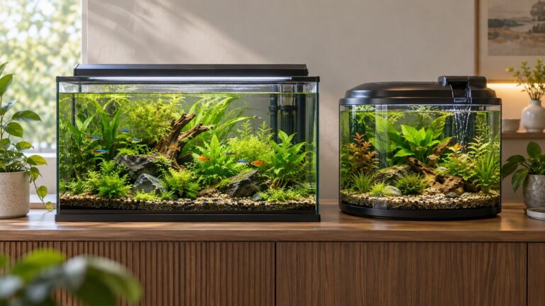 Editorial comparison scene for aquariums aqueon versus juilsioa.