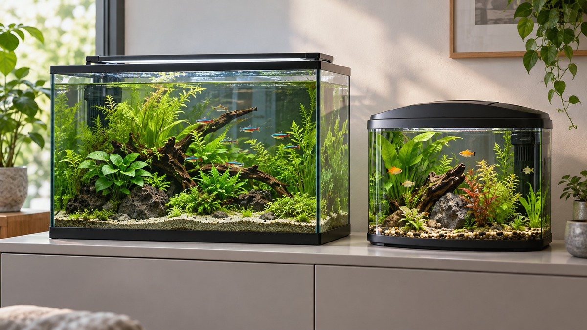 Side-by-side view of the Aqueon and Koller Products aquariums products on a neutral background, emphasizing visible differences in size and configuration.