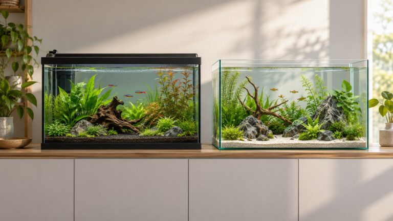 Two generic rimmed and rimless planted aquariums arranged side by side.