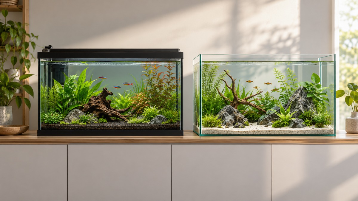Two generic rimmed and rimless planted aquariums arranged side by side.