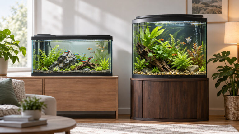 Side-by-side view of the Aqueon and Tetra aquariums products on a neutral background, emphasizing visible differences in size and configuration.