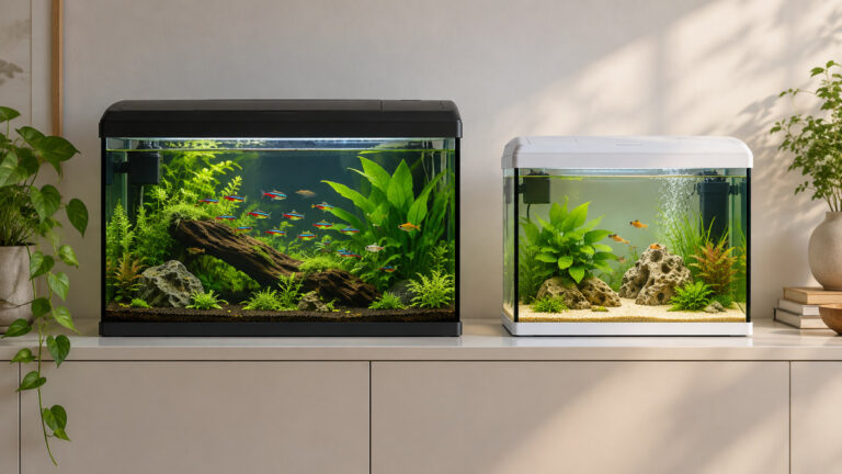 A clean editorial comparison scene showing generic aquariums vehipa and aqueon options side by side.