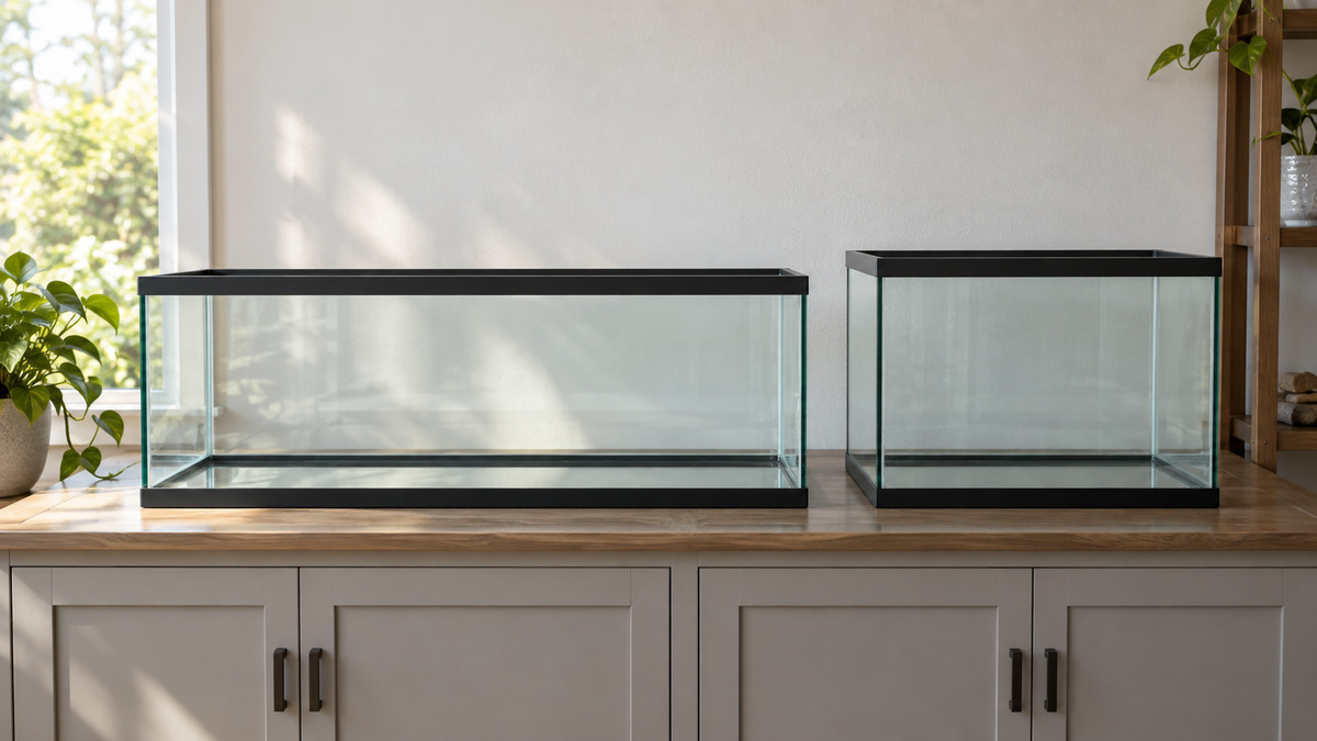 A long rectangular glass aquarium beside a smaller standard tank on a neutral cabinet.