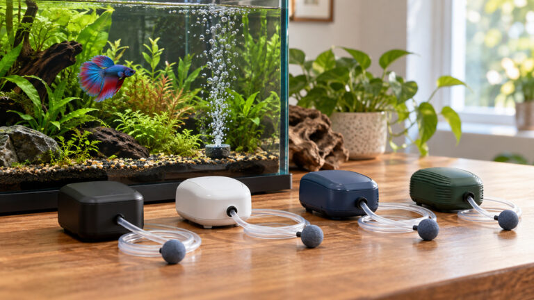 Battery-operated aquarium bubblers with tubing and air stones are compared beside a planted betta tank.