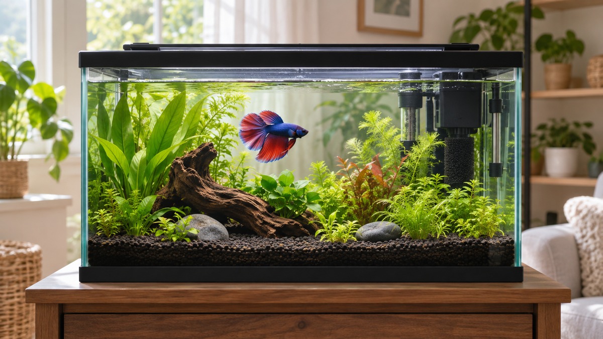 A clear ten-gallon betta aquarium with one fish, heater, gentle filter, lid, and soft plants on a sturdy stand.