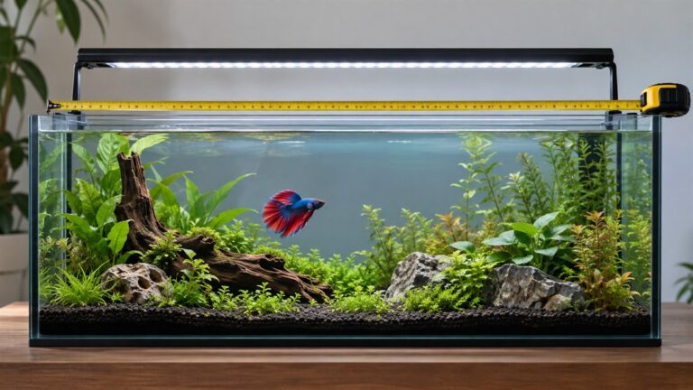 A calm betta tank under a slim LED light, with a tape measure lying across the rim of the glass.