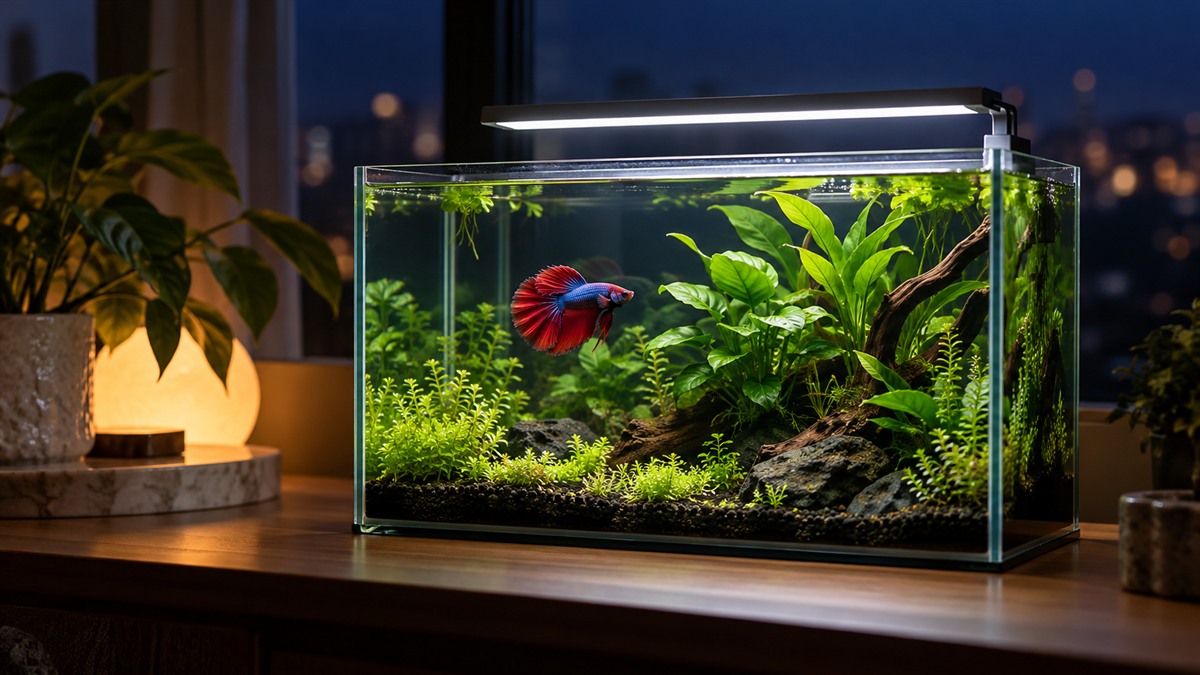 A small betta tank at night with a slim full spectrum LED light clipped to the rim, giving a soft white glow over green plants.