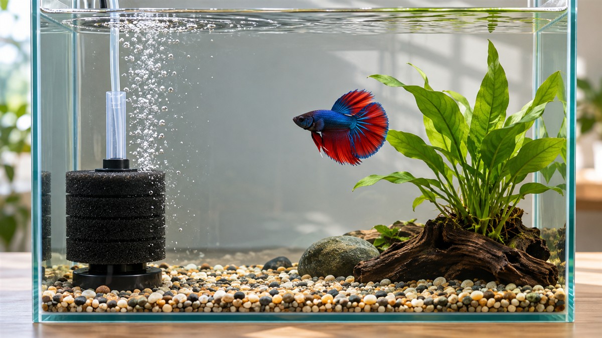 A soft black sponge filter in a clear 5-gallon tank, with tiny bubbles rising beside a plant.