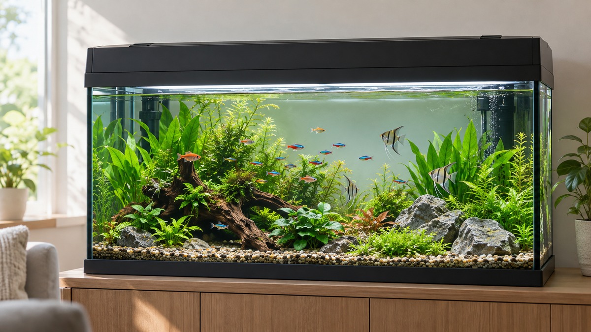 A large rectangular aquarium with a full plain hood and integrated LED light bar is shown from the front in daylight.