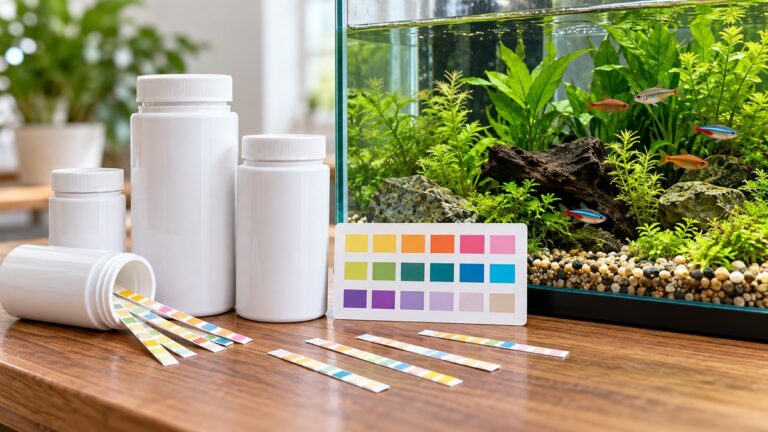 Several aquarium test strip packs lined up beside a clear freshwater tank and a printed color chart.