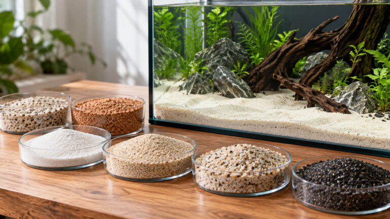 Several aquarium sand types are compared beside a freshly aquascaped fish tank.