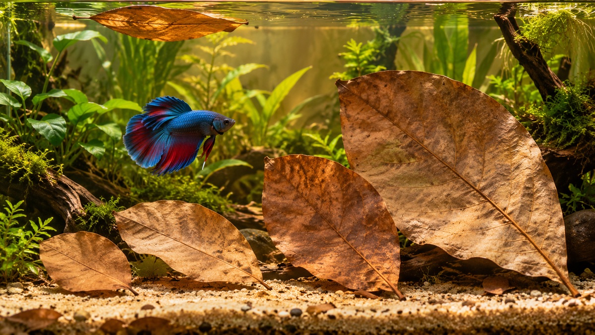 A betta fish swims among natural almond leaves in a clear planted aquarium.