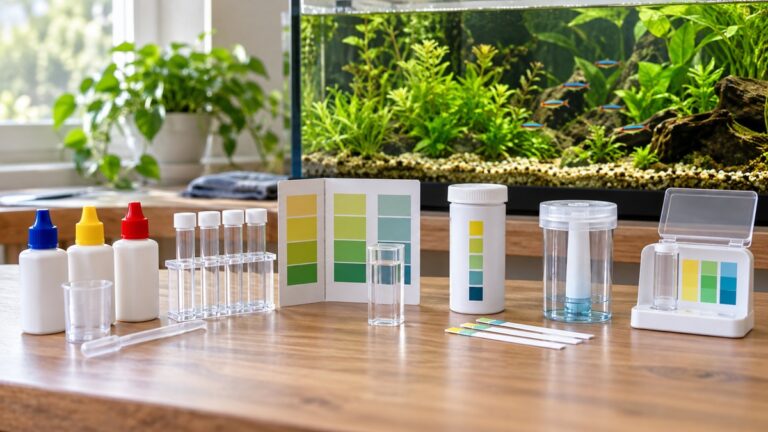 Six unbranded aquarium ammonia test kit formats arranged beside a bright planted fish tank.