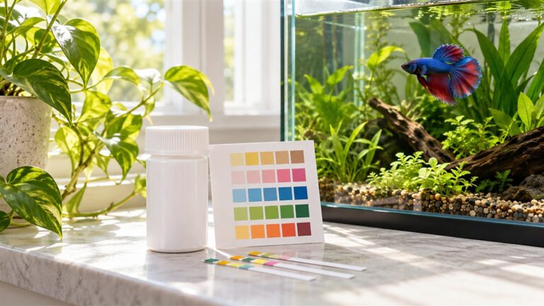 A small open strip bottle and a color chart on a bright windowsill beside a betta tank.