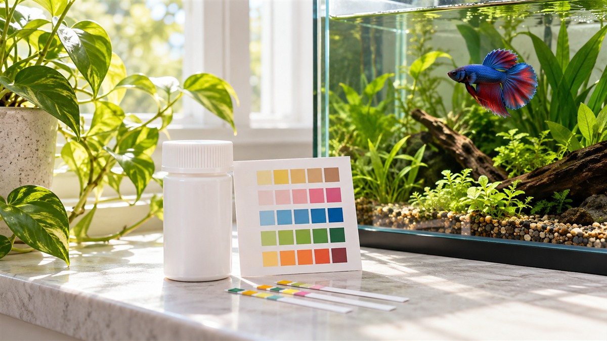 A small open strip bottle and a color chart on a bright windowsill beside a betta tank.