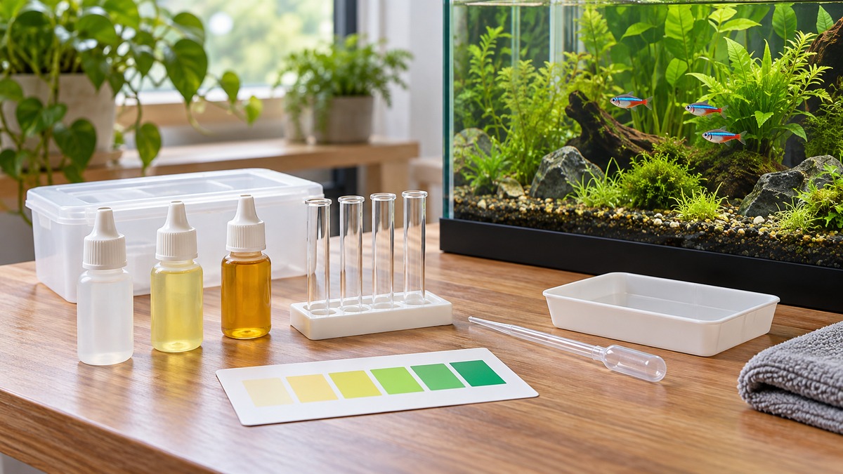 A water test kit laid out on a wooden desk beside a small planted aquarium, with a color chart in the foreground.