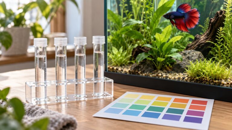 A betta tank, sample tubes, and an unmarked grid of colorful water-test swatches sit on a bright tabletop.