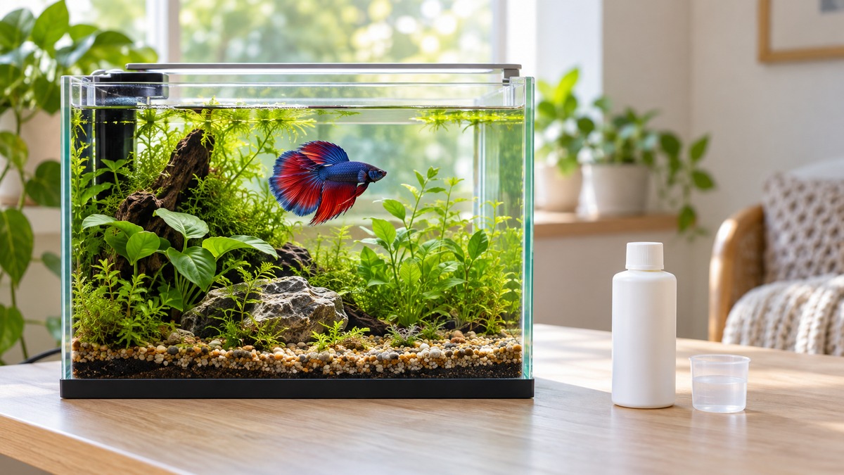 A plain unlabelled water conditioner bottle and small measuring cap beside a planted betta tank on a table.