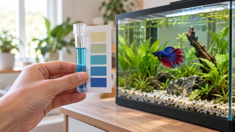 A clear liquid-test tube is held beside an unmarked color swatch card near a planted betta aquarium.