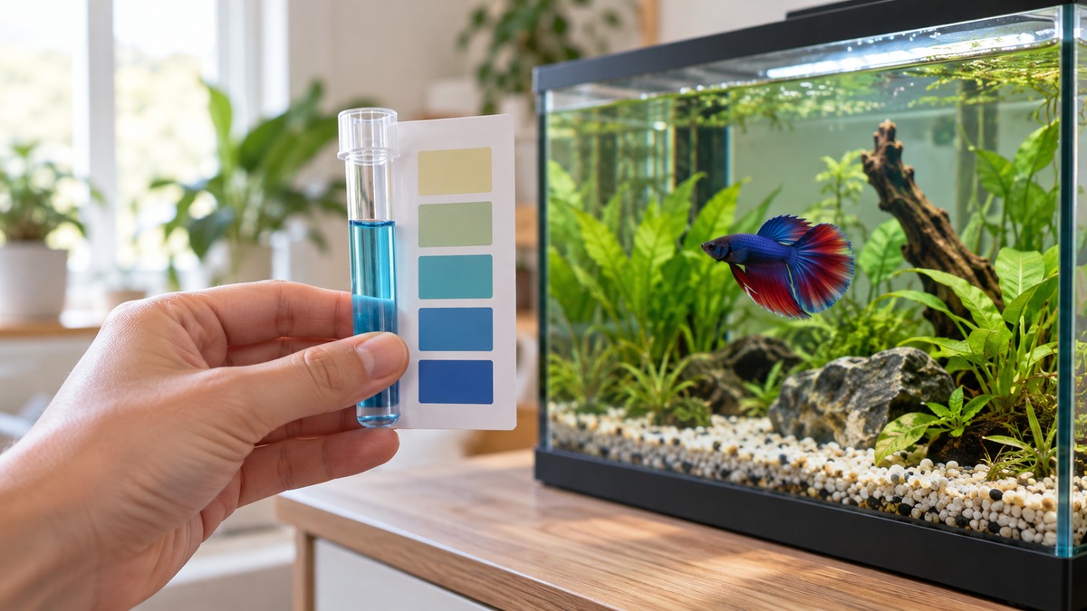 A clear liquid-test tube is held beside an unmarked color swatch card near a planted betta aquarium.