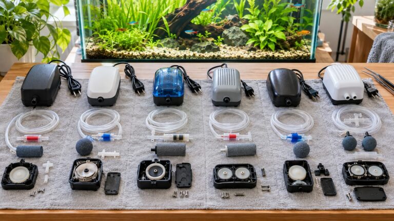 Six aquarium air pumps and troubleshooting parts arranged beside a healthy planted tank.