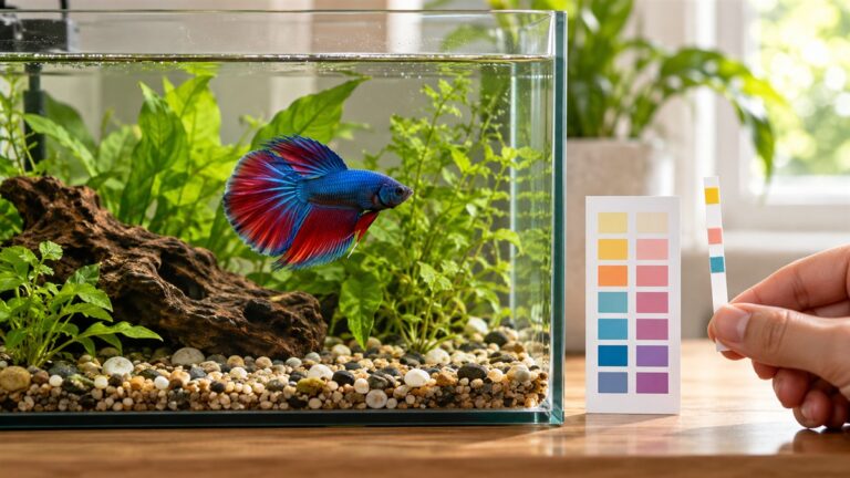 A betta tank with a chlorine test strip held beside the glass, next to its printed color card.