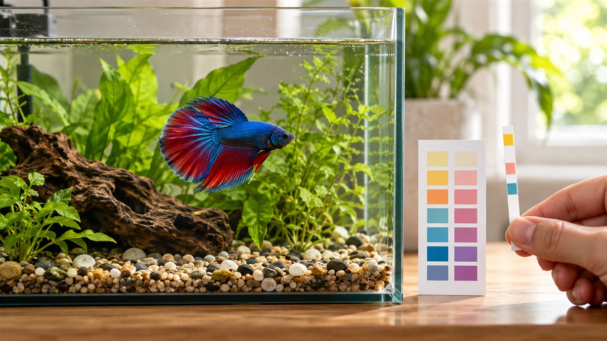 A betta tank with a chlorine test strip held beside the glass, next to its printed color card.