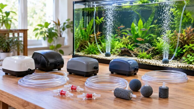 Several aquarium air pumps and air stones sit beside a bubbling planted fish tank.
