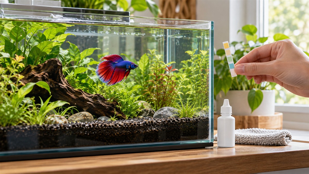 A betta tank with a test strip held beside the water and a small bottle of mineral additive on the stand nearby.
