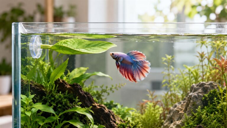 A small floating betta hammock with a suction cup, fixed near the surface of a clear freshwater tank, in soft daylight.