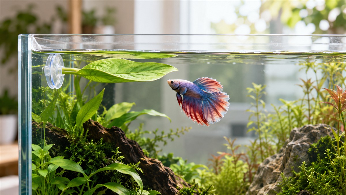 A small floating betta hammock with a suction cup, fixed near the surface of a clear freshwater tank, in soft daylight.