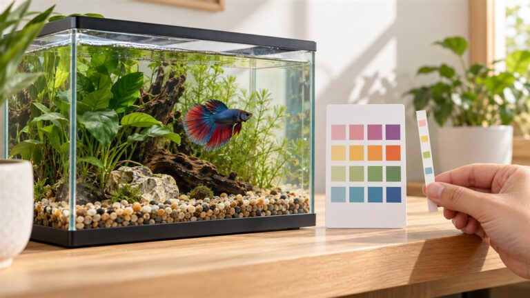 A freshwater betta tank with a hardness test strip held beside its color chart, under soft daylight on a light wooden shelf.