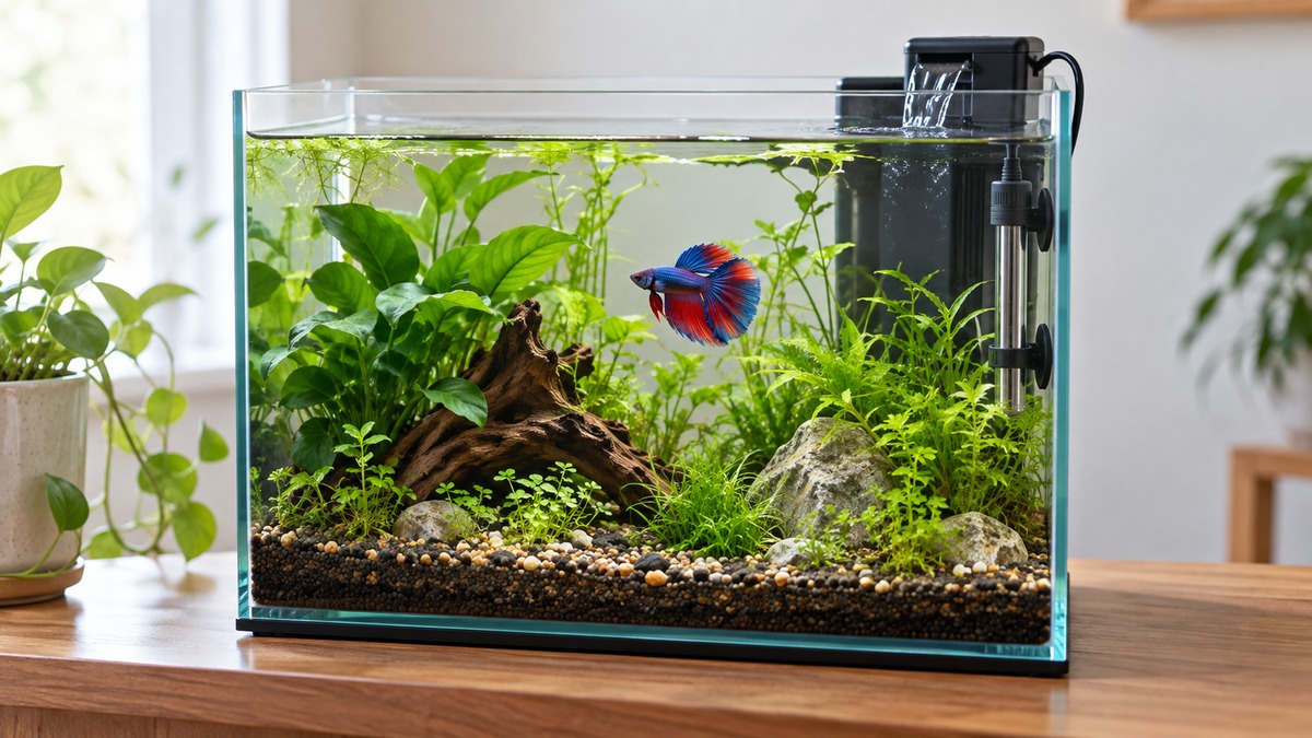 A planted five-gallon aquarium with a small generic submersible heater tucked near the gentle filter flow.