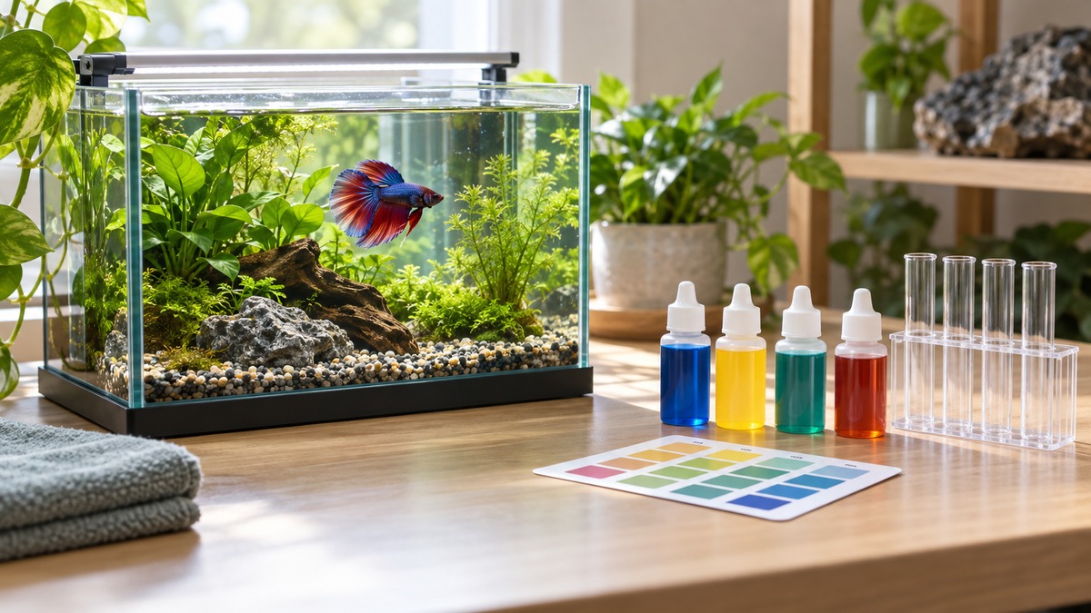A small betta tank beside a row of labeled water test bottles and a color chart on a clean desk.