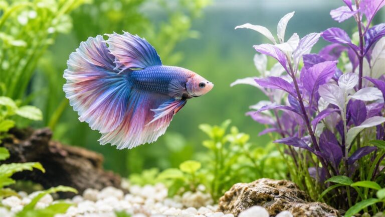 A betta resting near a purple and white silk plant in a clear tank with a soft green background.