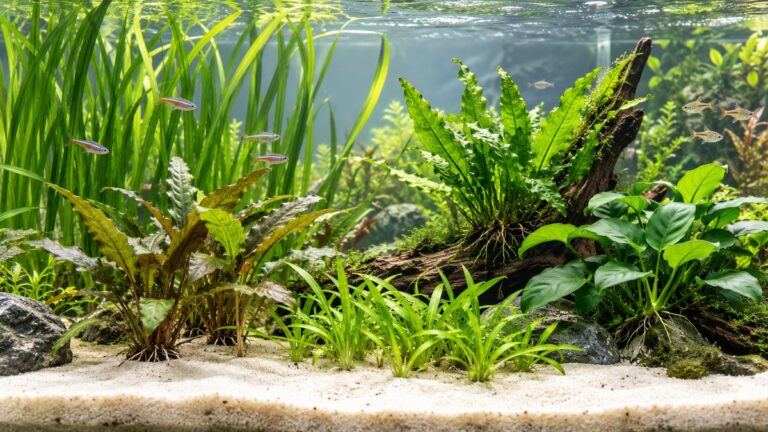Hardy aquarium plants grow in pale sand across a bright freshwater aquascape.