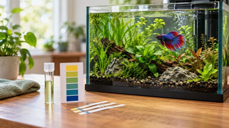 A betta aquarium sits beside a water sample, a clear test tube, an unmarked color card, and plain test strips.