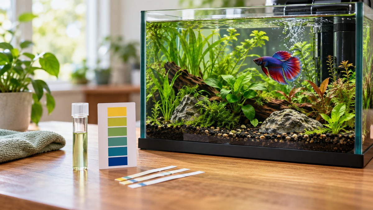 A betta aquarium sits beside a water sample, a clear test tube, an unmarked color card, and plain test strips.
